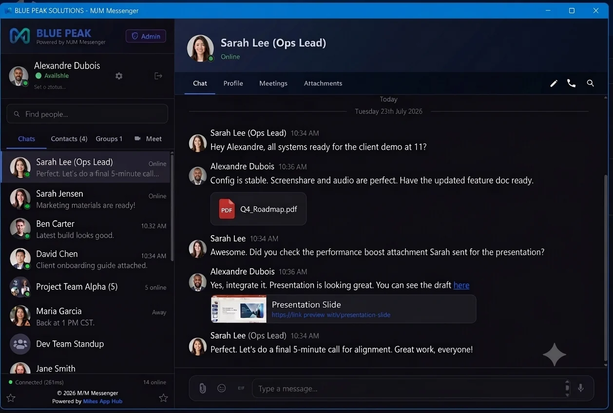 MJM Messenger chat with messages and reactions